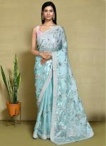 Satin Silk Blue Wedding Wear Embroidery Work Saree